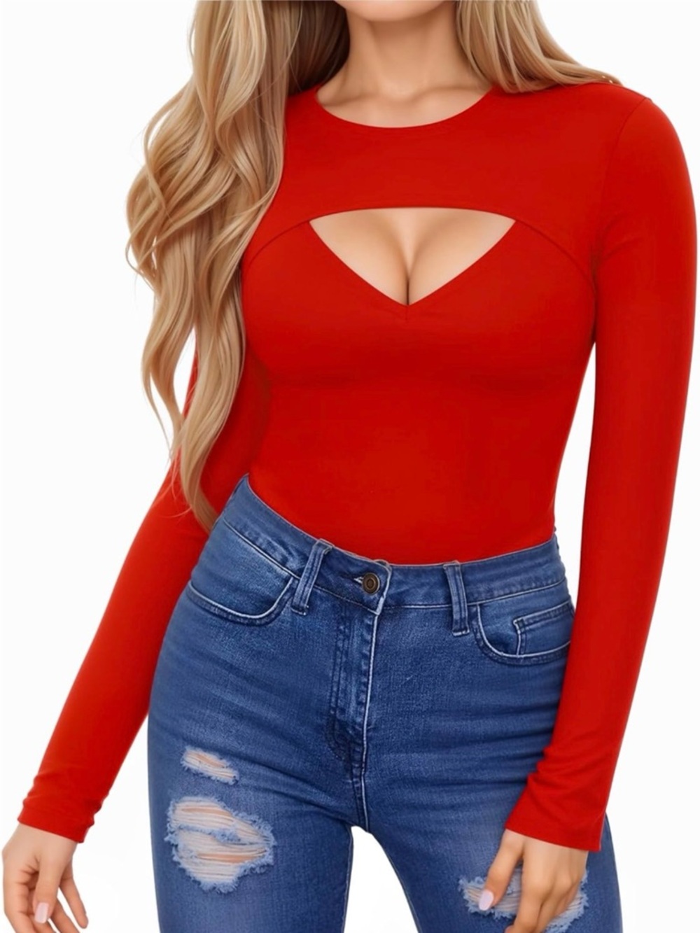 Red Long-Sleeve Cutout Women's Top